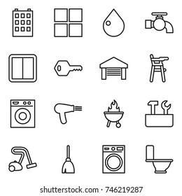 thin line icon set : building, window, drop, water tap, power switch, key, garage, Chair for babies, washing machine, hair dryer, bbq, repair tools, vacuum cleaner, broom, toilet