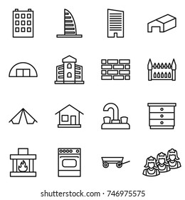 thin line icon set : building, skyscraper, warehouse, hangare, brick wall, gothic architecture, tent, home, water tap, chest of drawers, fireplace, oven, trailer, outsource