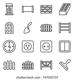 thin line icon set : building, fence, brick wall, arch window, construction, rack, watch, power socket, switch, farm, scraper