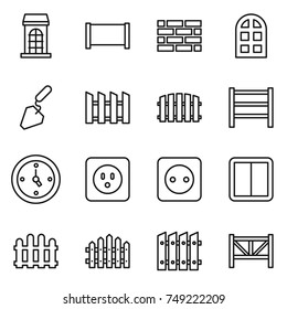 thin line icon set : building, fence, brick wall, arch window, construction, rack, watch, power socket, switch, farm