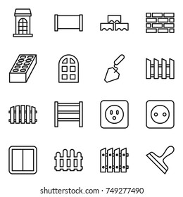 thin line icon set : building, fence, block wall, brick, arch window, construction, rack, power socket, switch, scraper