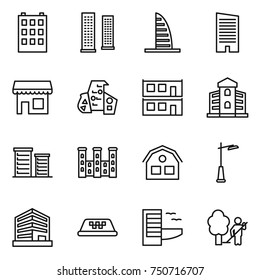 thin line icon set : building, skyscrapers, skyscraper, shop, modern architecture, modular house, district, palace, outdoor light, office, taxi, hotel, garden cleaning