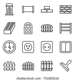 thin line icon set : building, fence, block wall, brick, arch window, rack, watch, power socket, switch, scraper