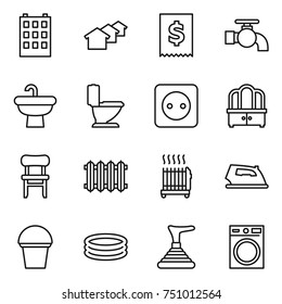 thin line icon set : building, houses, tax, water tap, sink, toilet, power socket, dresser, chair, radiator, iron, bucket, inflatable pool, plunger, washing machine