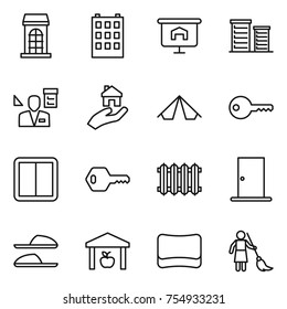 thin line icon set : building, presentation, district, architector, real estate, tent, key, power switch, radiator, door, slippers, warehouse, sponge, brooming