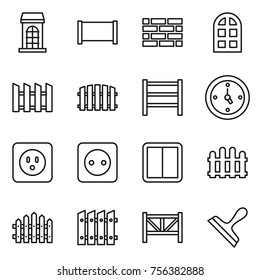 Thin line icon set : building, fence, brick wall, arch window, rack, watch, power socket, switch, farm, scraper
