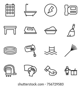 Thin line icon set : building, bath, electricity, intercome, table, iron, washing, broom, inflatable pool, mixer, rake, vacuum cleaner, wiping, kitchen cleaning