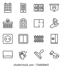 Thin line icon set : building, skyscraper, panel house, presentation, university, arch window, plan, real estate, power socket, switch, radiator, fridge, sponge, wiping, scraper