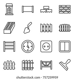 Thin line icon set : building, fence, block wall, brick, construction, rack, watch, power socket, switch, farm, scraper