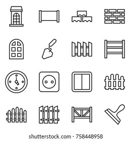 Thin line icon set : building, fence, block wall, brick, arch window, construction, rack, watch, power socket, switch, farm, scraper