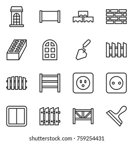Thin line icon set : building, fence, block wall, brick, arch window, construction, rack, power socket, switch, farm, scraper