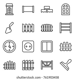 Thin line icon set : building, fence, block wall, arch window, construction, rack, watch, power socket, switch, farm, scraper