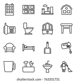 Thin line icon set : building, panel house, city, phone, toilet, dresser, stool, armchair, bed, scoop, mixer, cup, repair tools, water tap sink, brooming