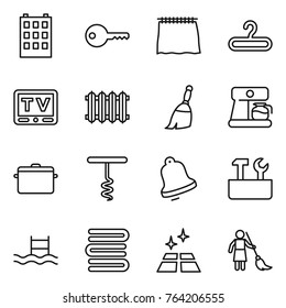 Thin line icon set : building, key, curtain, hanger, tv, radiator, broom, coffee maker, pan, corkscrew, bell, repair tools, pool, towels, clean floor, brooming