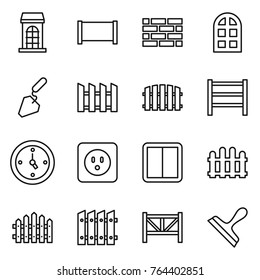 Thin line icon set : building, fence, brick wall, arch window, construction, rack, watch, power socket, switch, farm, scraper