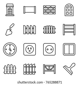 Thin line icon set : building, fence, brick wall, arch window, construction, rack, watch, power socket, switch, farm, scraper