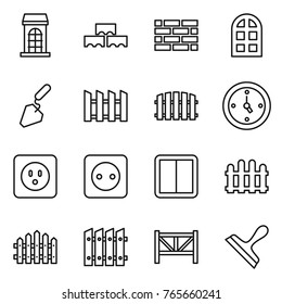 Thin line icon set : building, block wall, brick, arch window, construction, fence, watch, power socket, switch, farm, scraper