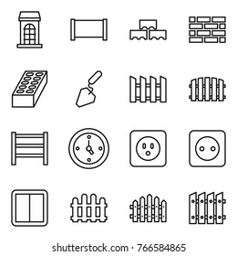 Thin line icon set : building, fence, block wall, brick, construction, rack, watch, power socket, switch