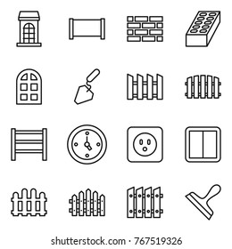 Thin line icon set : building, fence, brick wall, arch window, construction, rack, watch, power socket, switch, scraper
