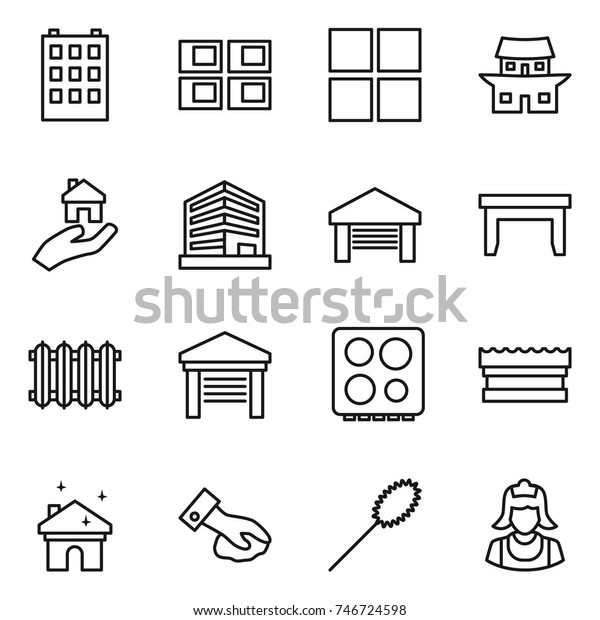 thin line icon set : building,\
panel house, window, japanese, real estate, office, garage, table,\
radiator, hob, sponge, cleaning, wiping, duster,\
cleaner
