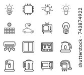 thin line icon set : bulb, chip, sun power, electric car, tv, air conditioning, switch, kettle, microwave oven, vacuum cleaner