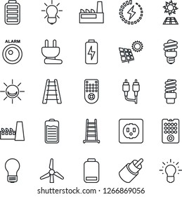 Thin Line Icon Set - bulb vector, ladder, remote control, battery, low, rca, charge, sun panel, windmill, factory, socket, power plug, energy saving, alarm led, idea
