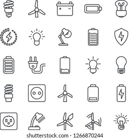 Thin Line Icon Set - bulb vector, battery, low, protect, charge, desk lamp, windmill, socket, power plug, energy saving, idea