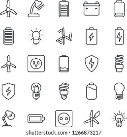 Thin Line Icon Set - bulb vector, battery, low, protect, charge, desk lamp, windmill, socket, energy saving, idea