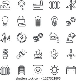 Thin Line Icon Set - bulb vector, factory, fire, battery, torch, brightness, charge, desk lamp, sun panel, windmill, heater, home control, socket, power plug, radiator, energy saving