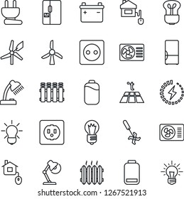 Thin Line Icon Set - bulb vector, ripper, low battery, charge, desk lamp, heater, air conditioner, fridge, home control, socket, power plug, radiator, warm floor, windmill, idea