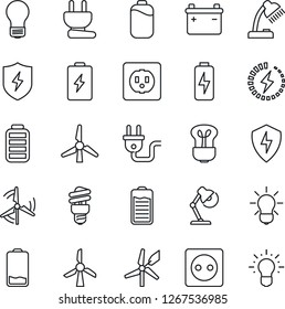 Thin Line Icon Set - bulb vector, battery, low, protect, charge, desk lamp, windmill, socket, power plug, energy saving, idea