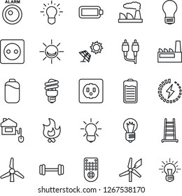 Thin Line Icon Set - bulb vector, factory, ladder, fire, barbell, remote control, battery, rca, charge, windmill, home, socket, energy saving, sun panel, alarm led, idea