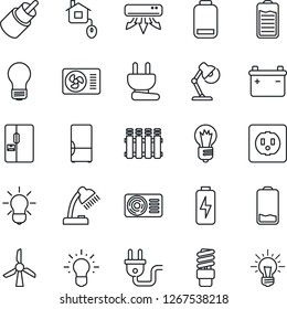 Thin Line Icon Set - bulb vector, battery, low, rca, charge, desk lamp, air conditioner, fridge, home control, socket, power plug, radiator, energy saving, windmill, idea