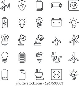 Thin Line Icon Set - bulb vector, battery, low, protect, charge, desk lamp, windmill, socket, power plug, energy saving, idea