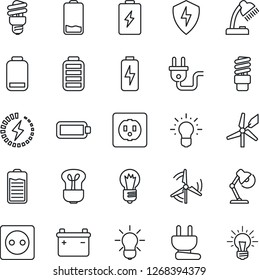 Thin Line Icon Set - bulb vector, battery, low, protect, charge, desk lamp, windmill, socket, power plug, energy saving, idea