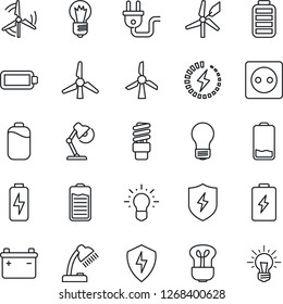 Thin Line Icon Set - Bulb Vector, Battery, Low, Protect, Charge, Desk Lamp, Windmill, Socket, Power Plug, Energy Saving, Idea