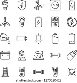 Thin Line Icon Set - bulb vector, factory, ladder, barbell, remote control, low battery, rca, protect, charge, sun panel, windmill, home, socket, energy saving, alarm led