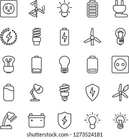 Thin Line Icon Set - bulb vector, battery, low, protect, charge, desk lamp, windmill, socket, power plug, energy saving, idea