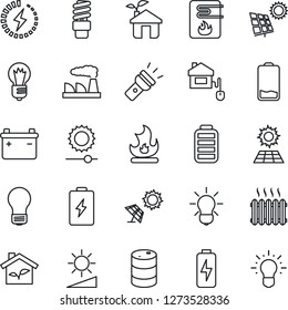Thin Line Icon Set - bulb vector, factory, fire, oil barrel, battery, low, torch, brightness, charge, sun panel, heater, home control, eco house, water, energy saving, idea