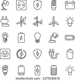 Thin Line Icon Set - bulb vector, battery, low, protect, charge, desk lamp, windmill, socket, power plug, energy saving, idea