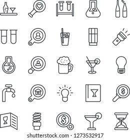 Thin Line Icon Set - bulb vector, blood test vial, heart diagnostic, ampoule, torch, water supply, estate search, client, alcohol, wine card, drink, cocktail, phyto bar, beer, energy saving, money