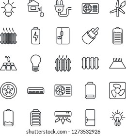 Thin Line Icon Set - bulb vector, battery, low, rca, charge, heater, air conditioner, fridge, home control, power plug, fan, radiator, warm floor, windmill, idea