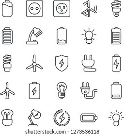 Thin Line Icon Set - bulb vector, battery, low, protect, charge, desk lamp, windmill, socket, power plug, energy saving, idea