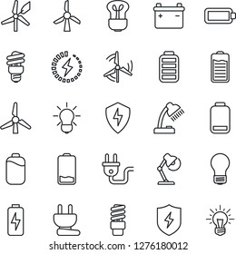 Thin Line Icon Set - bulb vector, battery, low, protect, charge, desk lamp, windmill, power plug, energy saving, idea