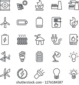 Thin Line Icon Set - bulb vector, factory, fire, oil barrel, battery, low, torch, charge, desk lamp, sun panel, windmill, heater, eco house, power plug, water, energy saving, idea