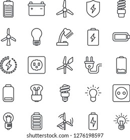 Thin Line Icon Set - bulb vector, battery, low, protect, charge, desk lamp, windmill, socket, power plug, energy saving, idea