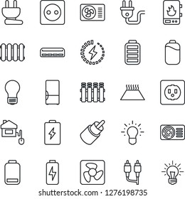 Thin Line Icon Set - bulb vector, battery, low, rca, charge, air conditioner, fridge, home control, socket, power plug, fan, water heater, radiator, warm floor, idea