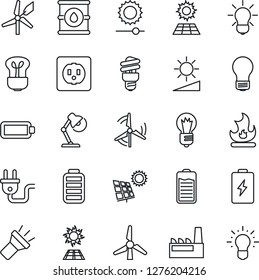Thin Line Icon Set - bulb vector, fire, oil barrel, battery, torch, brightness, desk lamp, sun panel, windmill, factory, socket, power plug, energy saving, idea
