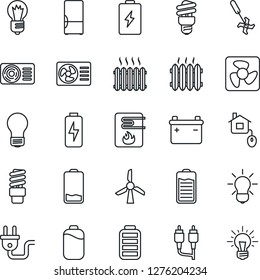 Thin Line Icon Set - bulb vector, ripper, battery, low, rca, charge, heater, air conditioner, fridge, home control, power plug, fan, water, energy saving, windmill, idea