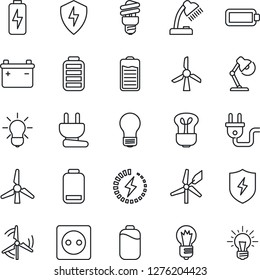 Thin Line Icon Set - bulb vector, battery, low, protect, charge, desk lamp, windmill, socket, power plug, energy saving, idea